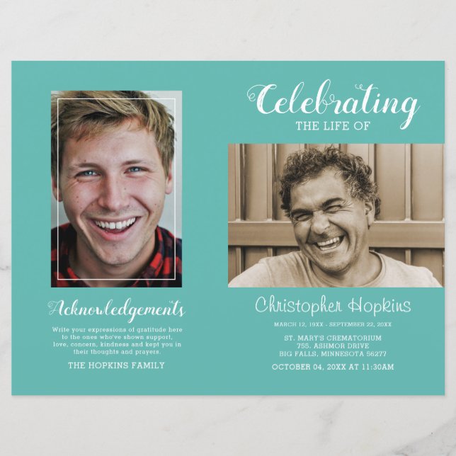 Modern Teal Photo Memorial Funeral Program (Front)