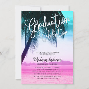 Modern Teal Pink Tropical Beach Graduation Party Invitation