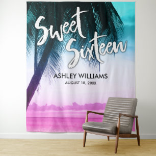 Modern Teal Pink Tropical Luau Sweet 16 Backdrop Tapestry
