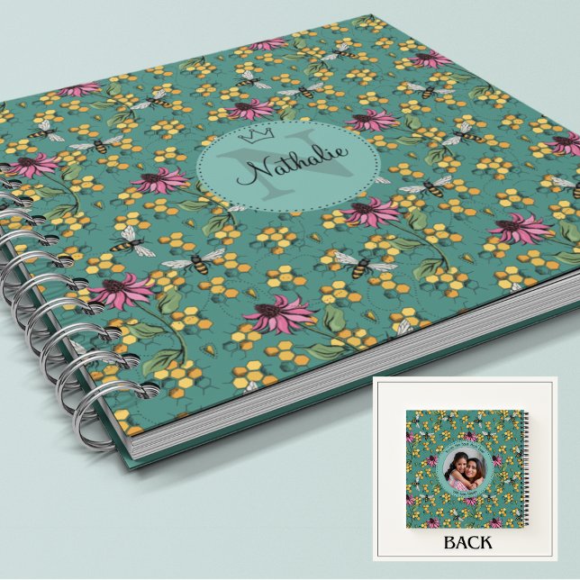 Modern Teal Queen Bee & Flowers Feminine Monogram Notebook (Beautiful Nature Queen Bee, Honeycomb & Pink Exotic Flower Monogram & Name Custom Square Notebook. )