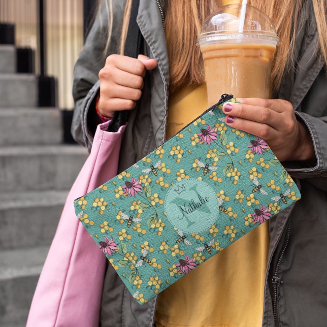 Modern Teal Queen Bee & Flowers Monogram Accessory Pouch (Elegant Buzzing Royal Queen Bee, Honeycomb & Pink Flowers Pattern with Custom Monogram and Name)