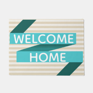 Modern Teal Ribbon & Stripes Welcome Home Doormat