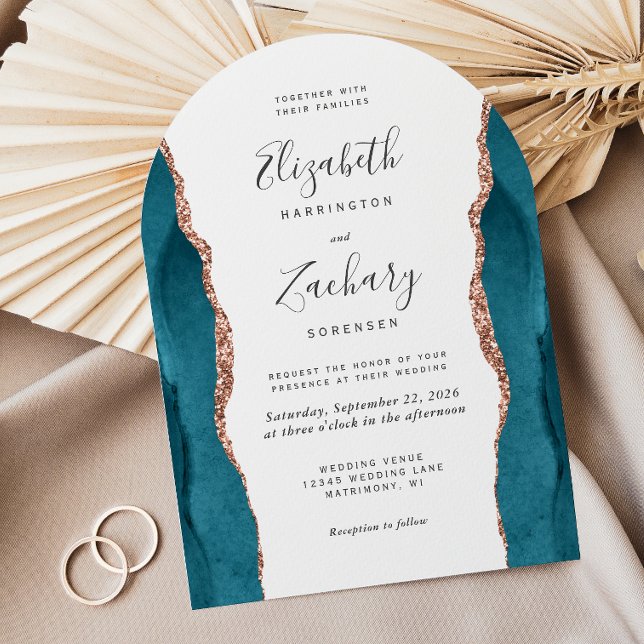 Modern Teal Rose Gold Agate Arch Wedding Invitation (Creator Uploaded)