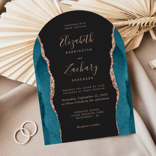 Modern Teal Rose Gold Agate Dark Arch Wedding Invitation