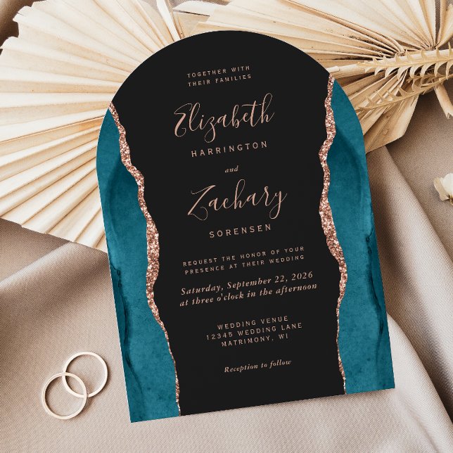 Modern Teal Rose Gold Agate Dark Arch Wedding Invitation (Creator Uploaded)