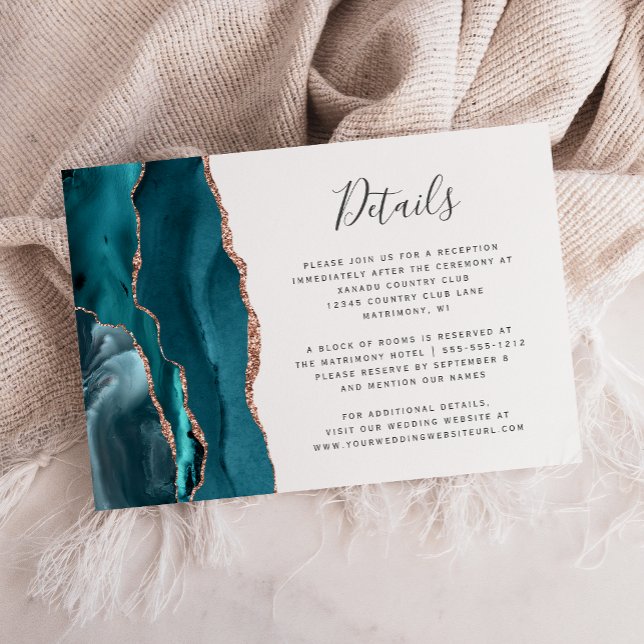 Modern Teal Rose Gold Agate Wedding Details Enclosure Card (Creator Uploaded)