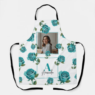 Modern Teal Rose Monogram Custom Mum Apron