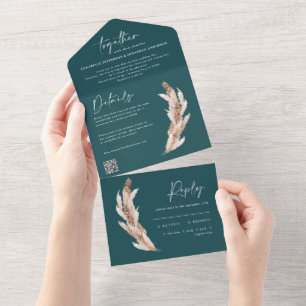 Modern teal rustic pampas wedding QR code All In One Invitation