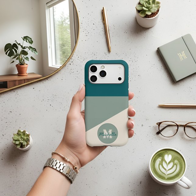 Modern Teal Sage Geometric Custom Name & Monogram (Creator Uploaded)