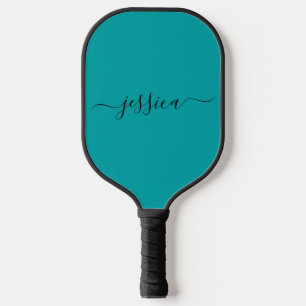 Modern teal script name pickleball paddle