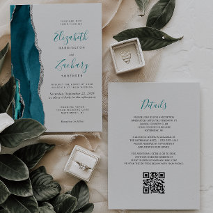 Modern Teal Silver Agate Grey QR Code Wedding Invitation
