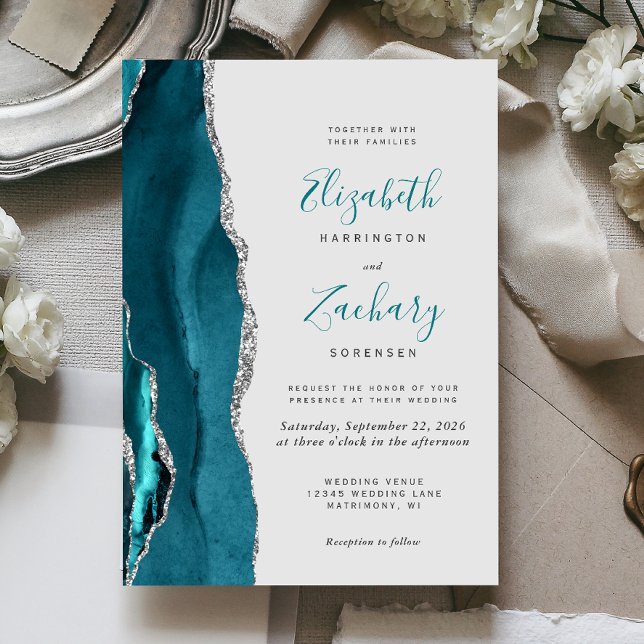 Modern Teal Silver Agate Grey Wedding Invitation (Creator Uploaded)