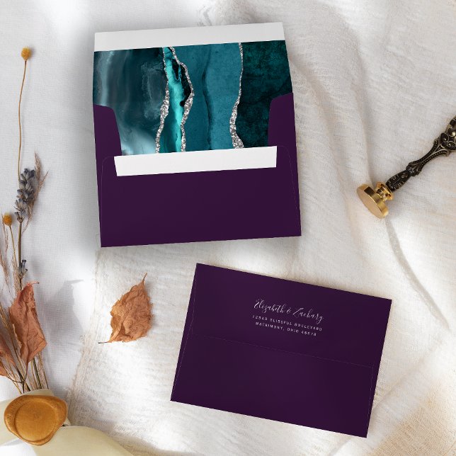 Modern Teal Silver Agate Purple Wedding Envelope (Creator Uploaded)