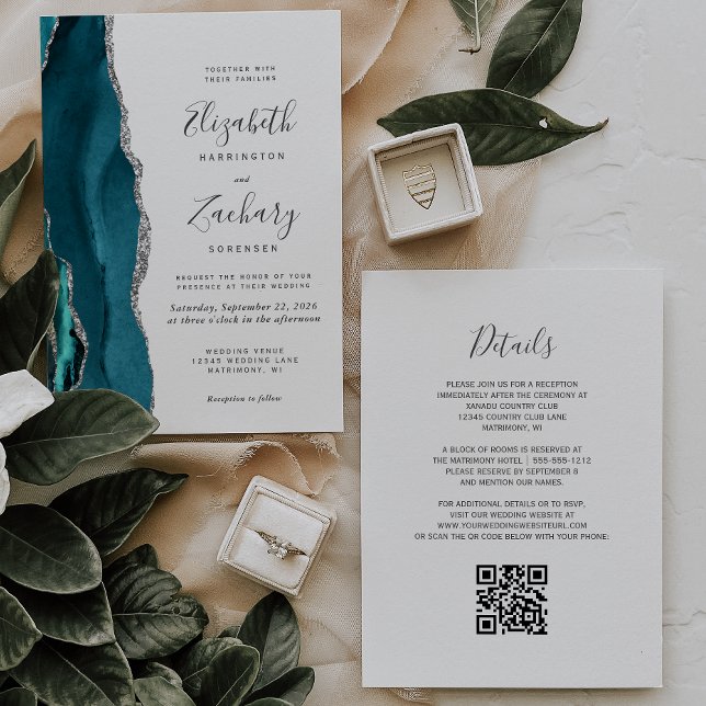 Modern Teal Silver Agate QR Code Wedding Invitation (Creator Uploaded)