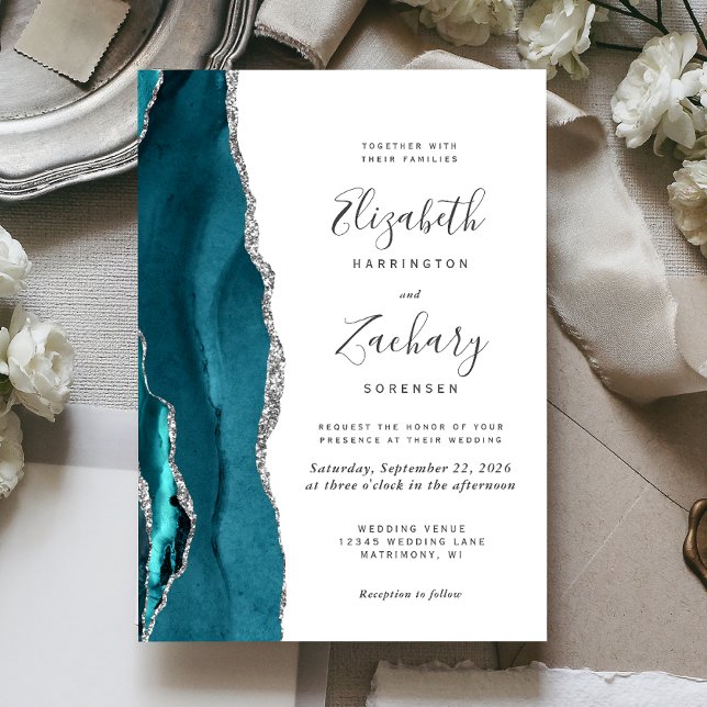 Modern Teal Silver Agate Wedding Invitation (The perfect choice for a teal and silver themed wedding.)