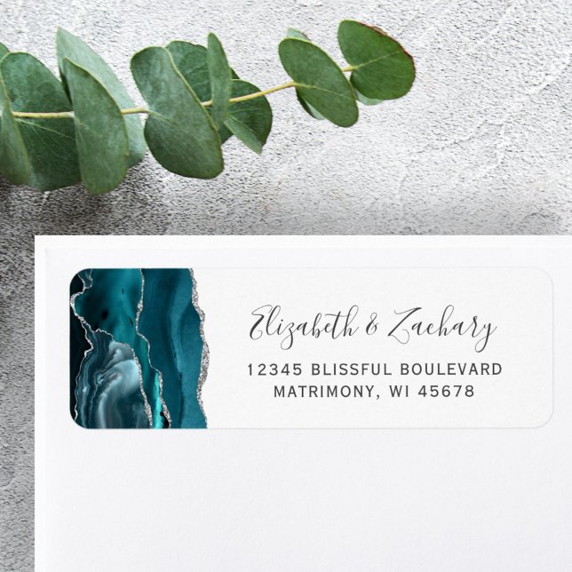 Modern Teal Silver Agate Wedding Return Address (Creator Uploaded)