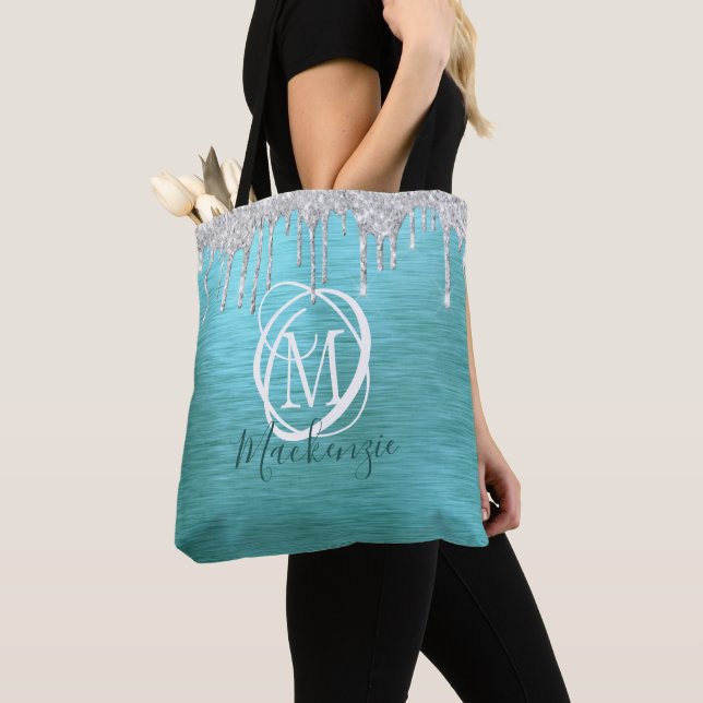 Modern Teal Silver Glitter Drip Metallic Monogram Tote Bag (Close Up)