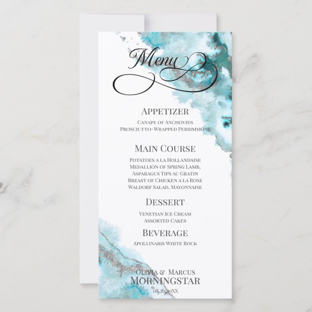 Modern Teal Silver Watercolor Moss Agate Menu (Front)