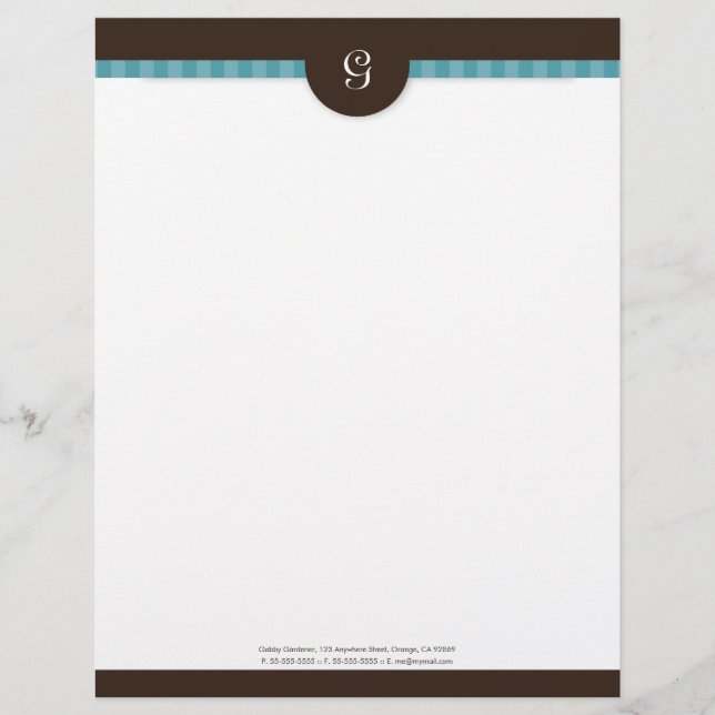 Modern Teal Stripe & Chocolate Monogram Letterhead (Front)
