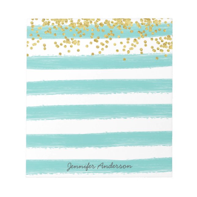 Modern Teal Stripe Gold Confetti Personalise Notepad (Front)