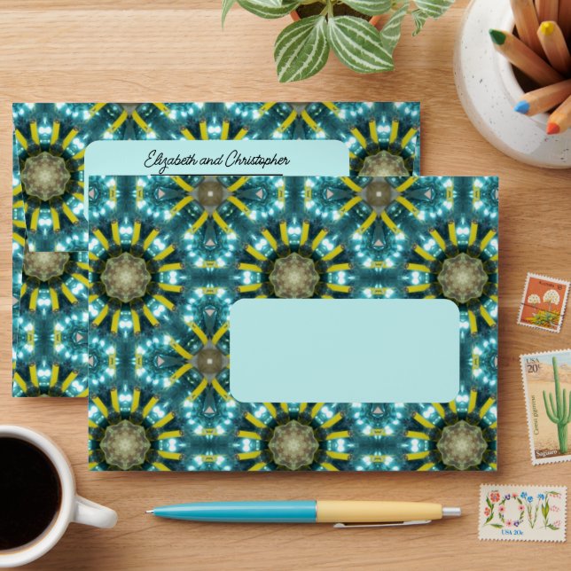 Modern Teal Tile Pattern Custom Return Address Envelope (Desk)