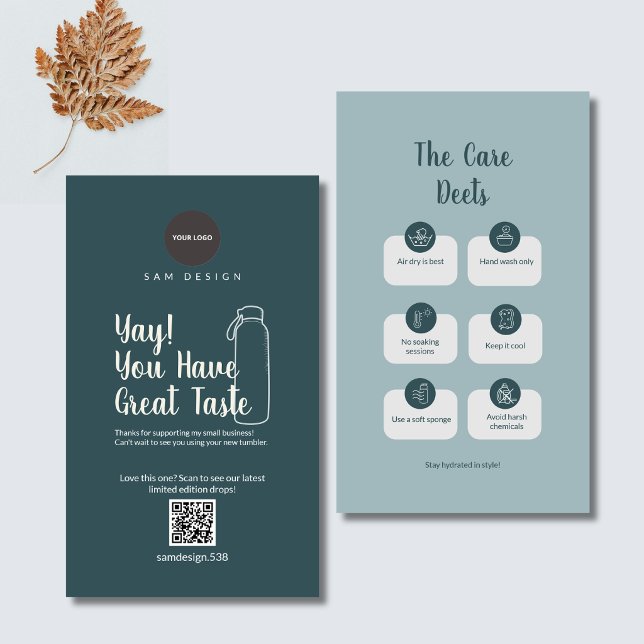 Modern Teal Tumbler Care Card with QR Code (Creator Uploaded)