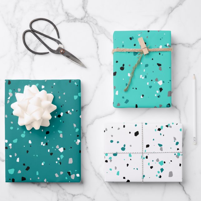 Modern Teal Turquoise Terrazzo Pattern Wrapping Paper Sheet (Front)