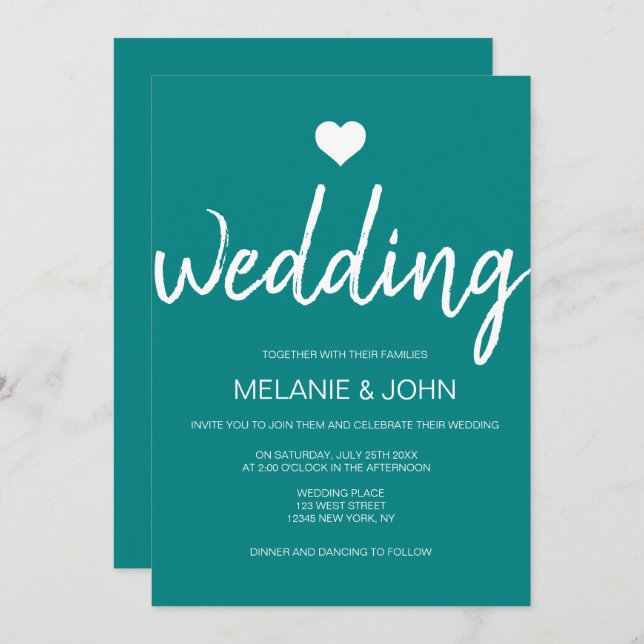 Modern Teal Typography Minimal Wedding Invitation (Front/Back)