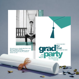 Modern Teal Typography & Tassel Grad Party Photo Invitation