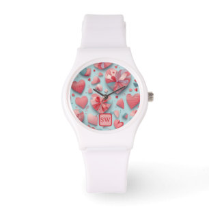 Modern teal Valentine’s Day pink hearts, monogram Watch