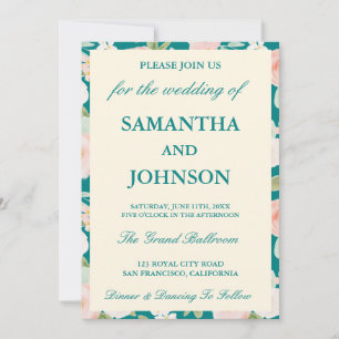 Modern Teal Vintage Ivory Floral Photo Wedding Invitation