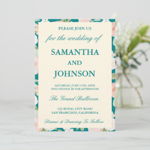 Modern Teal Vintage Ivory Floral Wedding Invitation