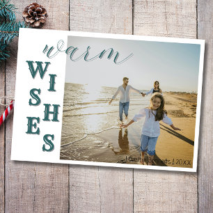 Modern Teal Warm Wishes Two Beach Family Photo Holiday Card
