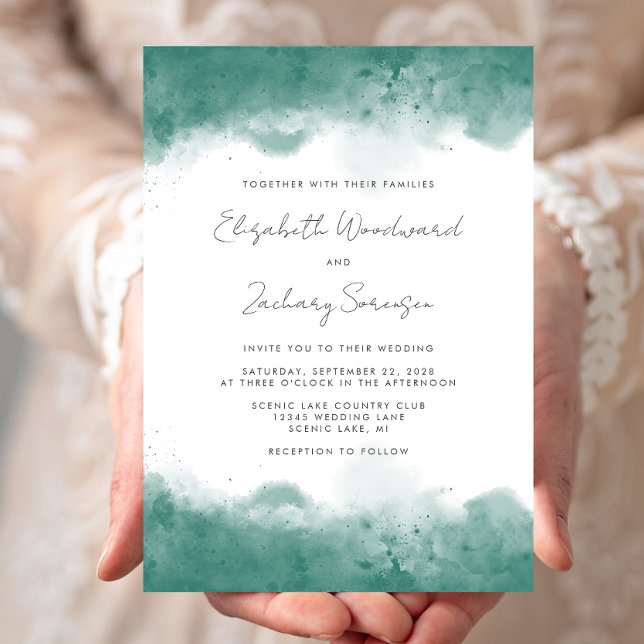 Modern Teal Watercolor Borders Wedding Invitation (Creator Uploaded)