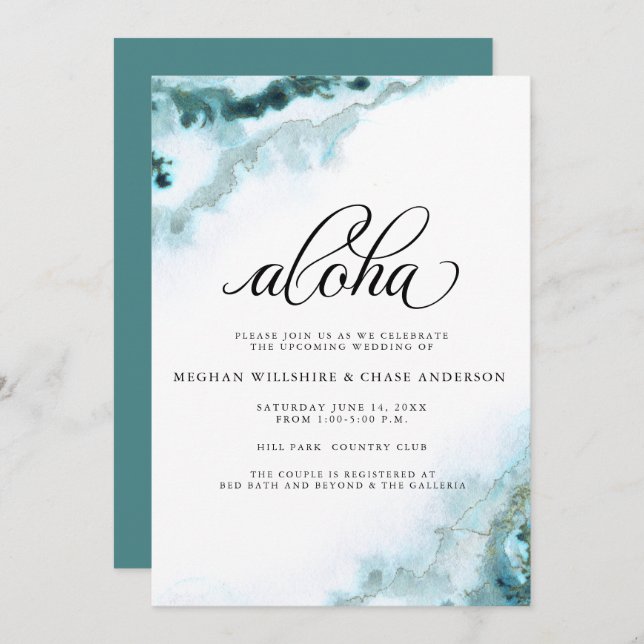 Modern Teal Watercolor Moss Agate Aloha Invitation (Front/Back)