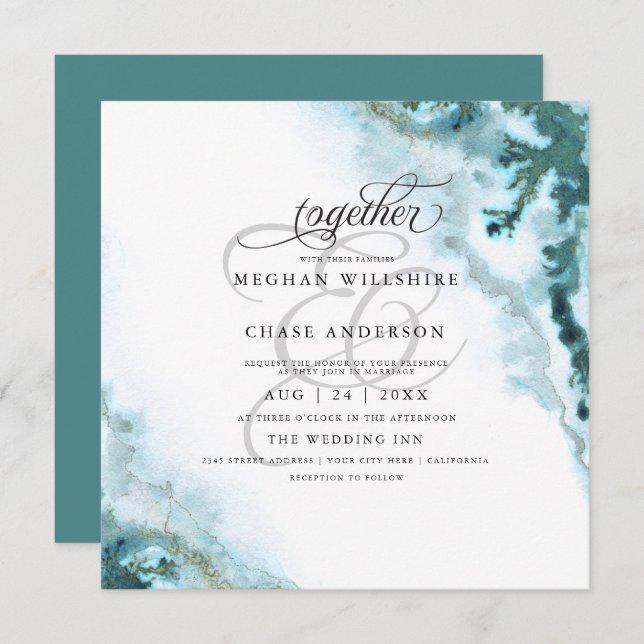 Modern Teal Watercolor Moss Agate BarefootBride™ Invitation (Front/Back)
