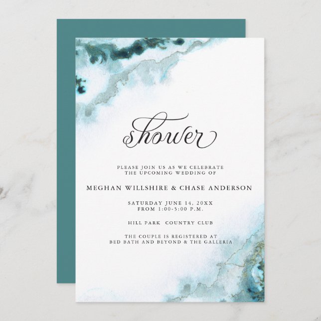 Modern Teal Watercolor Moss Agate BarefootBride™ Invitation (Front/Back)
