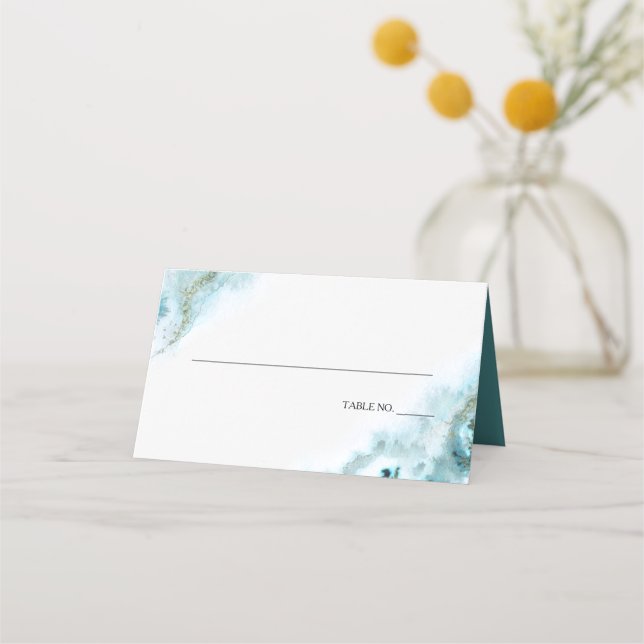 Modern Teal Watercolor Moss Agate BarefootBride™ Place Card (Front)