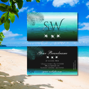 Modern Teal Watercolor Palm Leaves Jewels Monogram Business Card