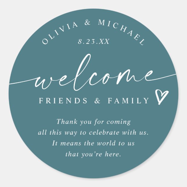 Modern Teal Wedding Welcome Hotel Bag Classic Round Sticker (Front)