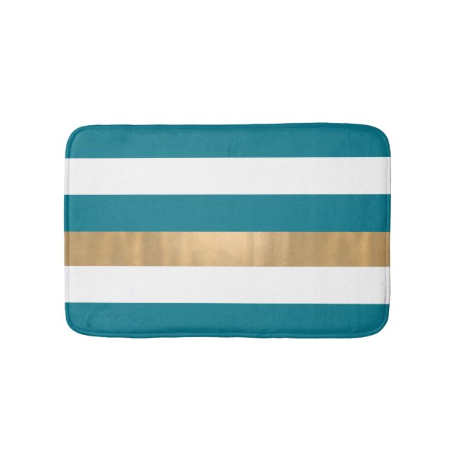 Modern Teal White and Gold Striped Bath Mat (Front)