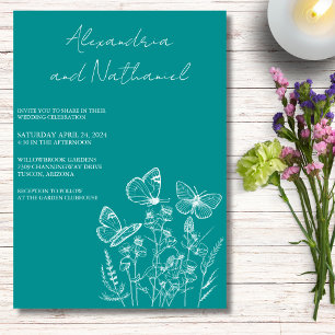 Modern Teal & White Butterfly Wedding Invitation