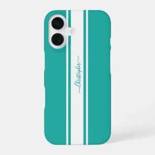 Modern Teal White Racing Stripes Monogrammed Chic iPhone 16 Case