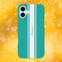 Modern Teal White Racing Stripes Monogrammed Chic