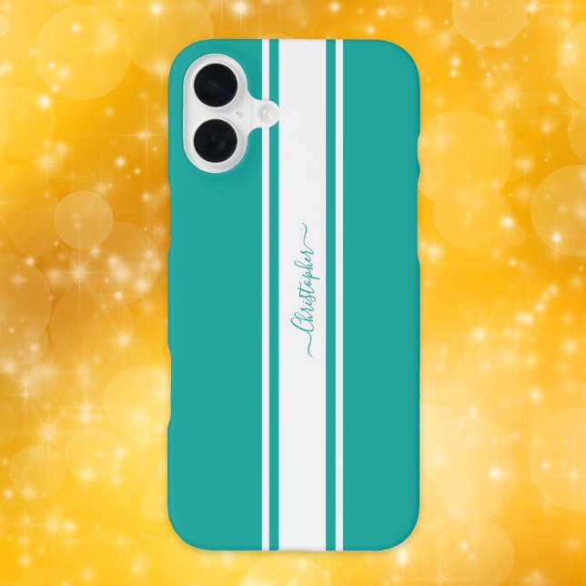 Modern Teal White Racing Stripes Monogrammed Chic iPhone Case (Modern Teal White Racing Stripes Monogrammed Chic iPhone Case)