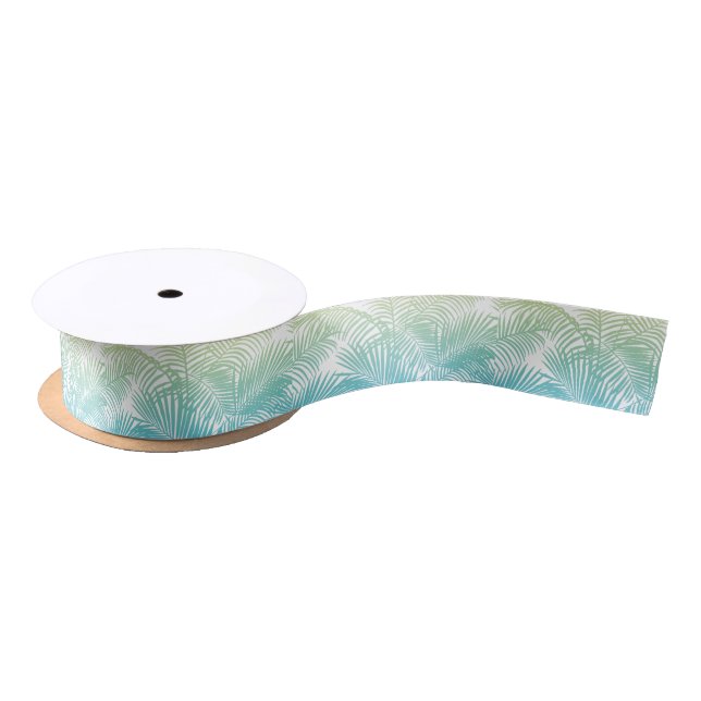 Modern teal yellow tropical palm trees pattern satin ribbon (Spool)