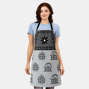 Modern Teapots Flowers Black Grey Apron