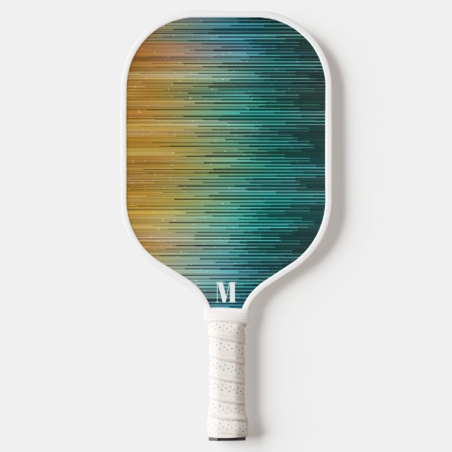 Modern Techno Screen Blue Green Yellow Monogram Pickleball Paddle (Front)