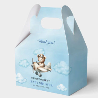Modern Teddy Bear Aviator Blue Brown Boy Shower Favour Box