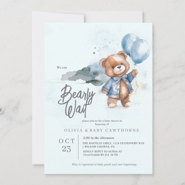 Modern Teddy Bear Baby boy Shower Invitation (Front)